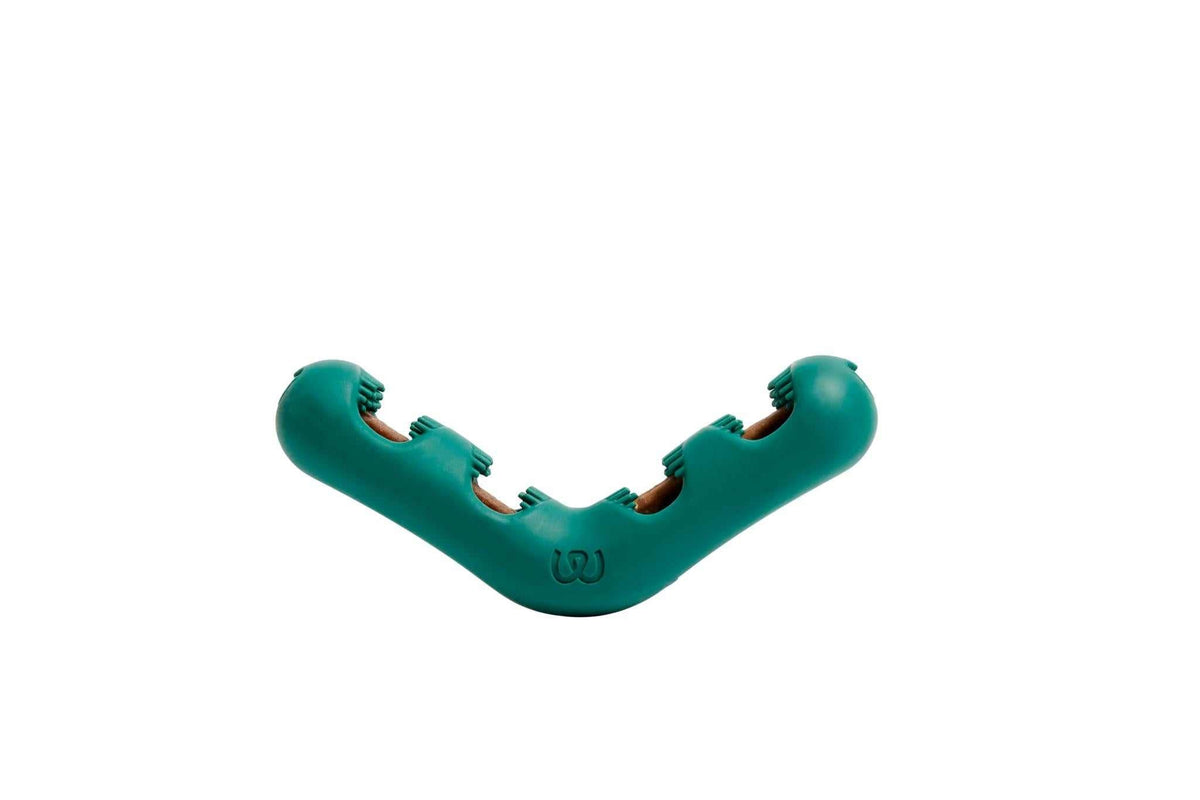 Dog dental chew brush, teal V-shaped rubber design with raised bristles along both arms; Bite toothbrush for pets.