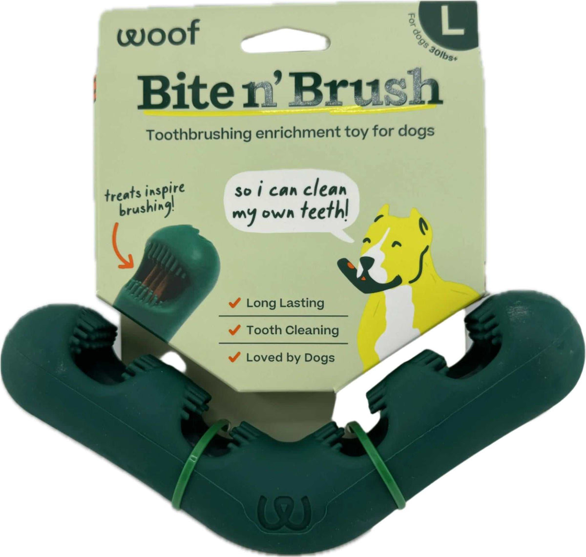 Dog toothbrush toy, dark green rubber Bite n’ Brush with a V-shaped design and raised bristles for chewing and cleaning teeth.