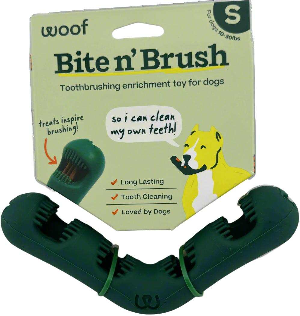 Dog dental toy Bite n' Brush, v-shaped with bristles, supports oral health, green color.