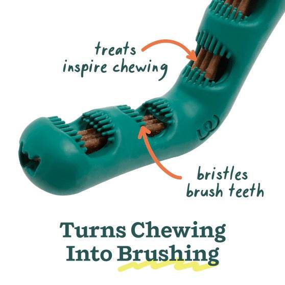 Dog dental toy "Bite n' Brush" with chewable bristles and treat slots for plaque removal.