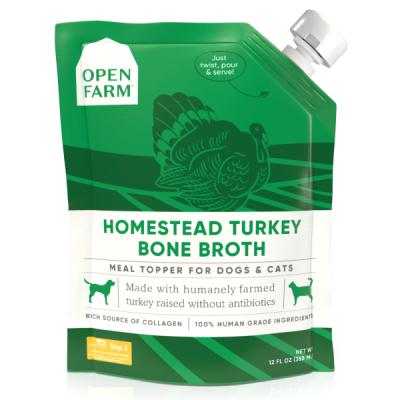 Bone Broth in a green, resealable pouch with white label, turkey illustration, and Homestead Turkey flavor text.