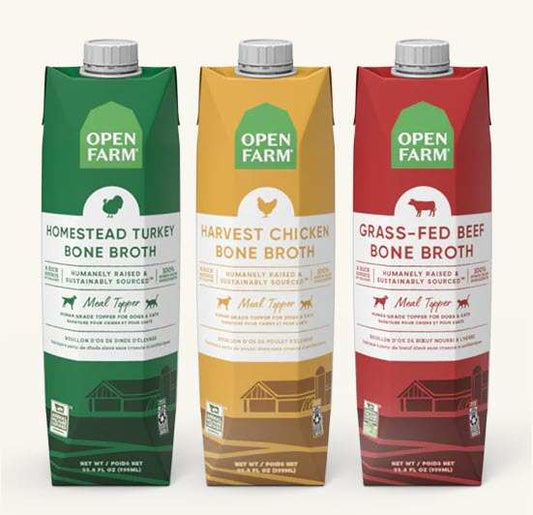 Open Farm Bone Broth products in turkey, chicken, and beef flavors for pets.