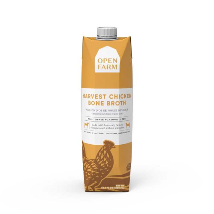 Open Farm Harvest Chicken Bone Broth for Pets, nutrient-rich and ethically sourced.