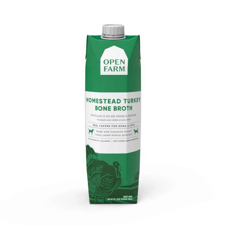 Open Farm Bone Broth for pets in green carton packaging.