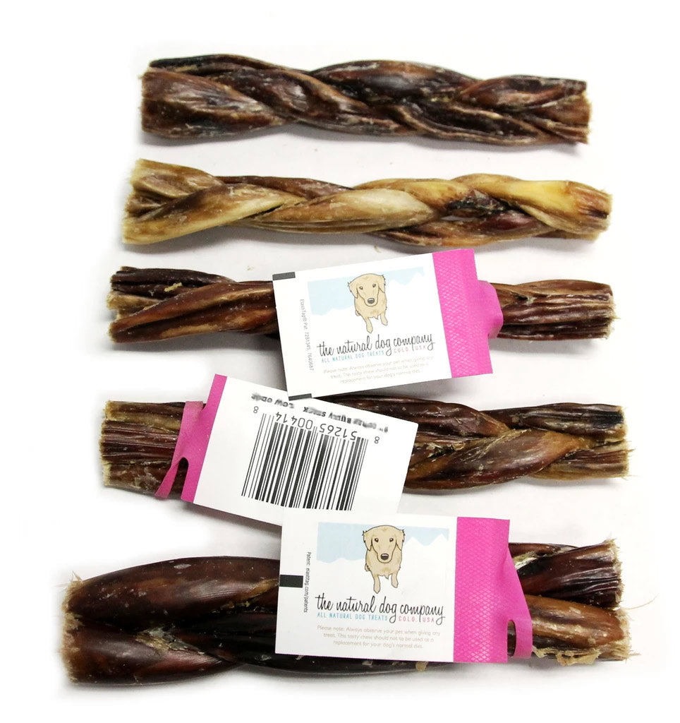 Braided Beef Gullets dog chews made from 100% grassfed beef esophagus, soft and palatable, 6-inch braided strips for small to medium dogs