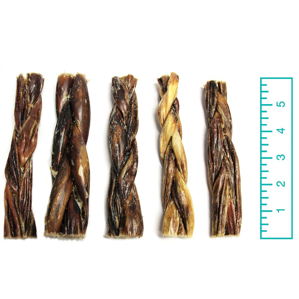 Braided Beef Gullets dog chews made of 100% grassfed beef esophagus, 6-inch braided sticks for small to medium dogs