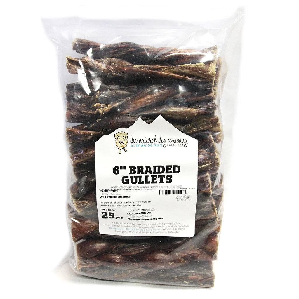 Bag of 25 six-inch braided beef gullets dog chews made from 100% grassfed beef esophagus