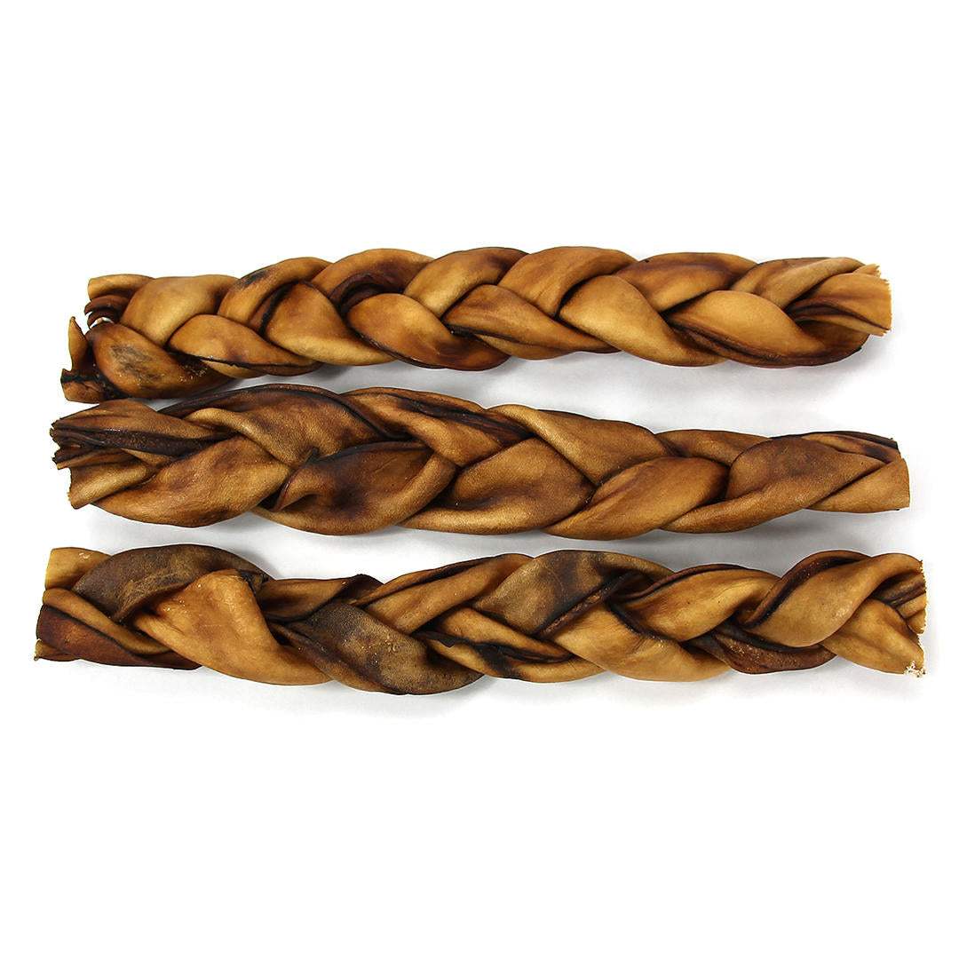 Three braided collagen sticks dog chews made from natural beef collagen, tough and nutritious rawhide alternative.