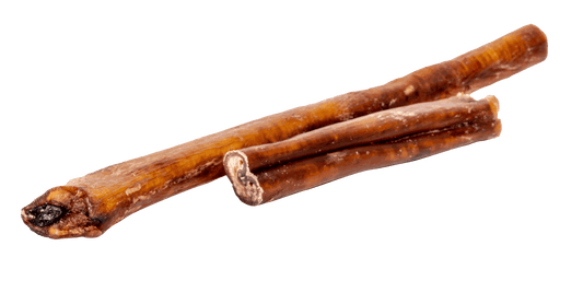 All-natural dried bully sticks, 50 unit case for dogs, promotes oral health and safe chewing.