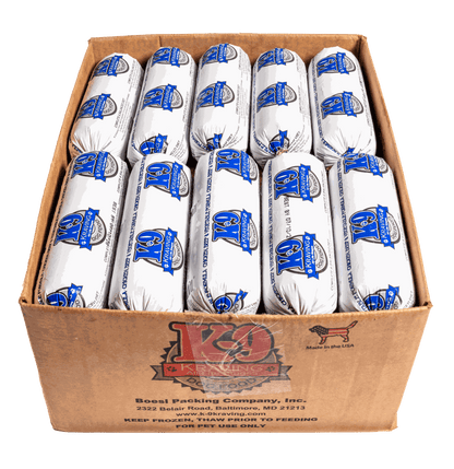 Raw dog food with chicken, beef, and vegetable formula packaged in brown box; K-9 Kraving.
