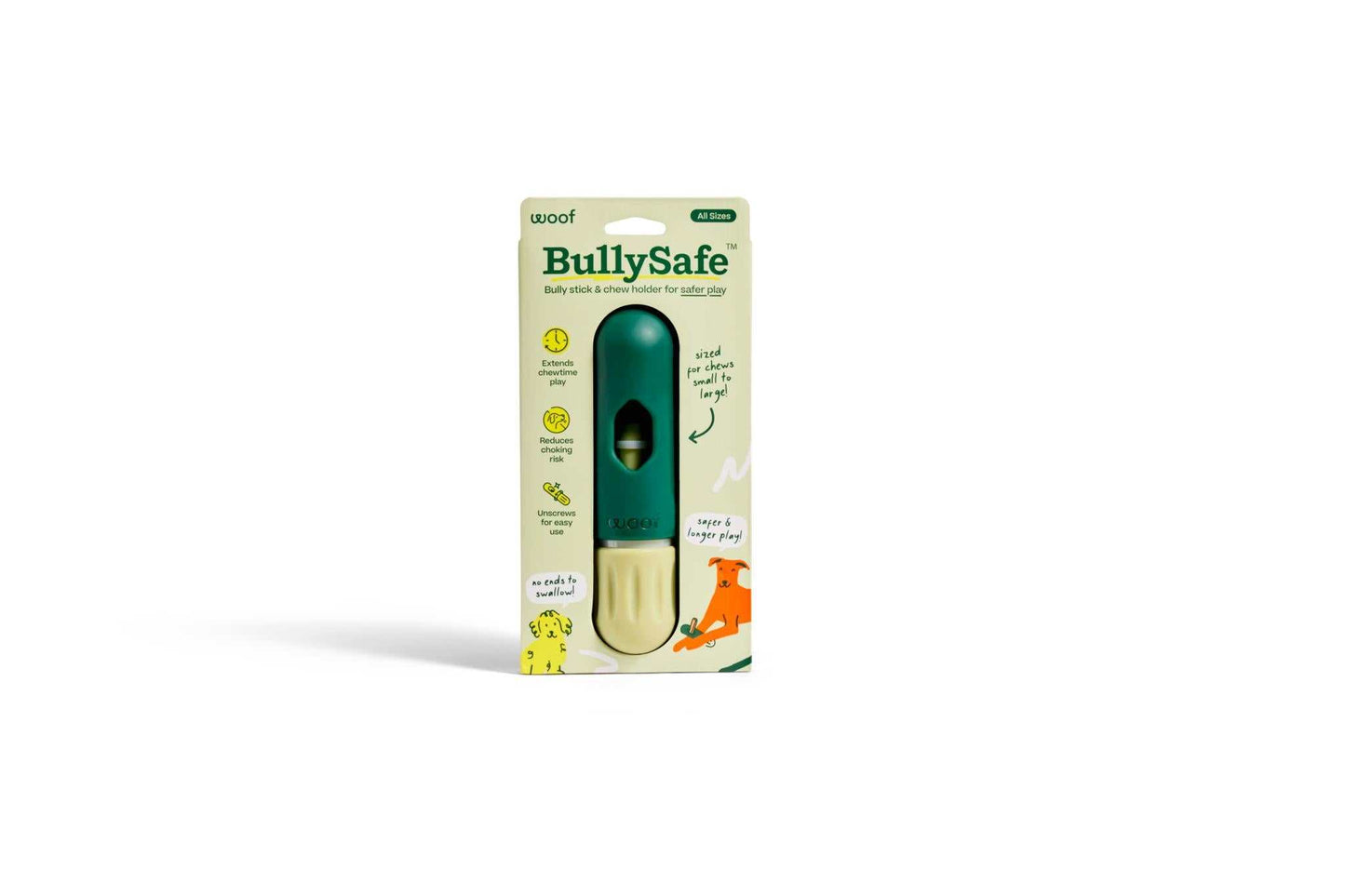 BullySafe durable chew holder packaging, designed for safer play with all chew sizes, especially Woof Bully Sticks, featuring an adjustable, non-toxic nylon design.