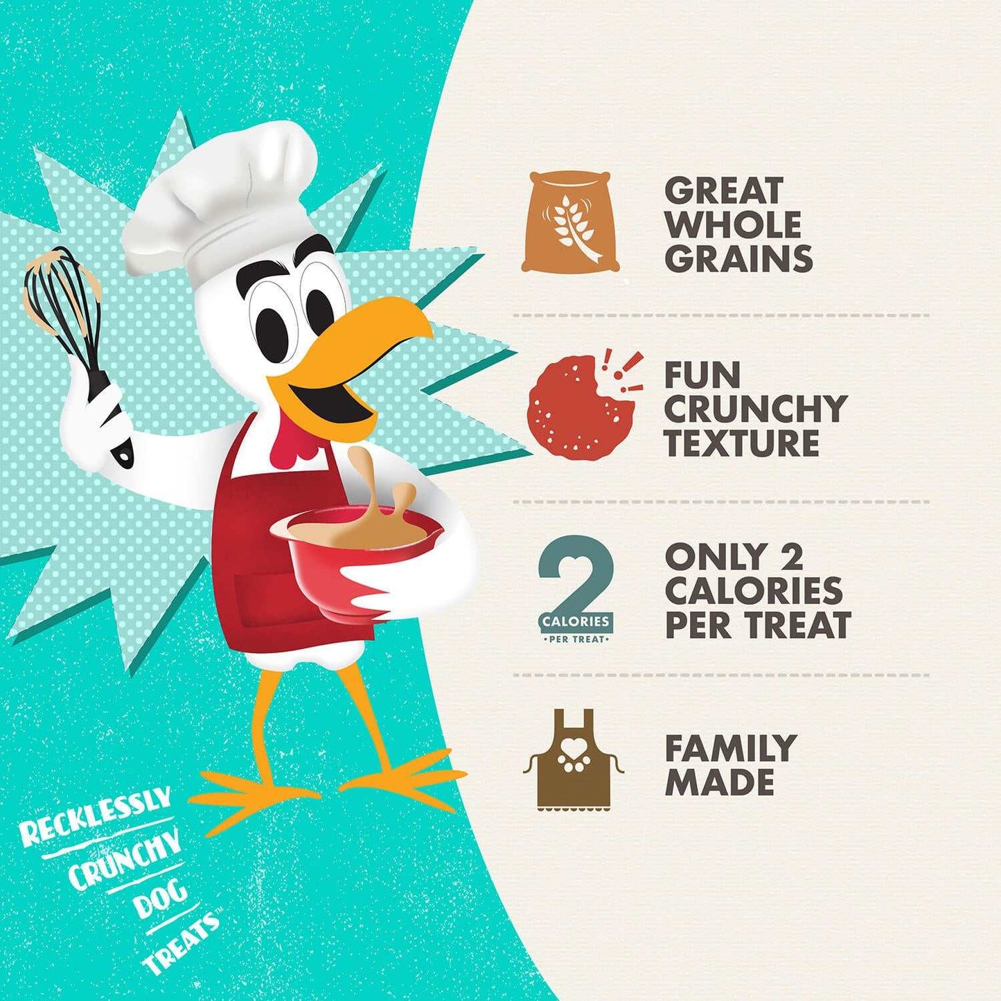 Cartoon bird chef promoting CRUNCH O's Banana Kablammas dog treats; features include great whole grains, fun crunchy texture, only 2 calories per treat, family made.