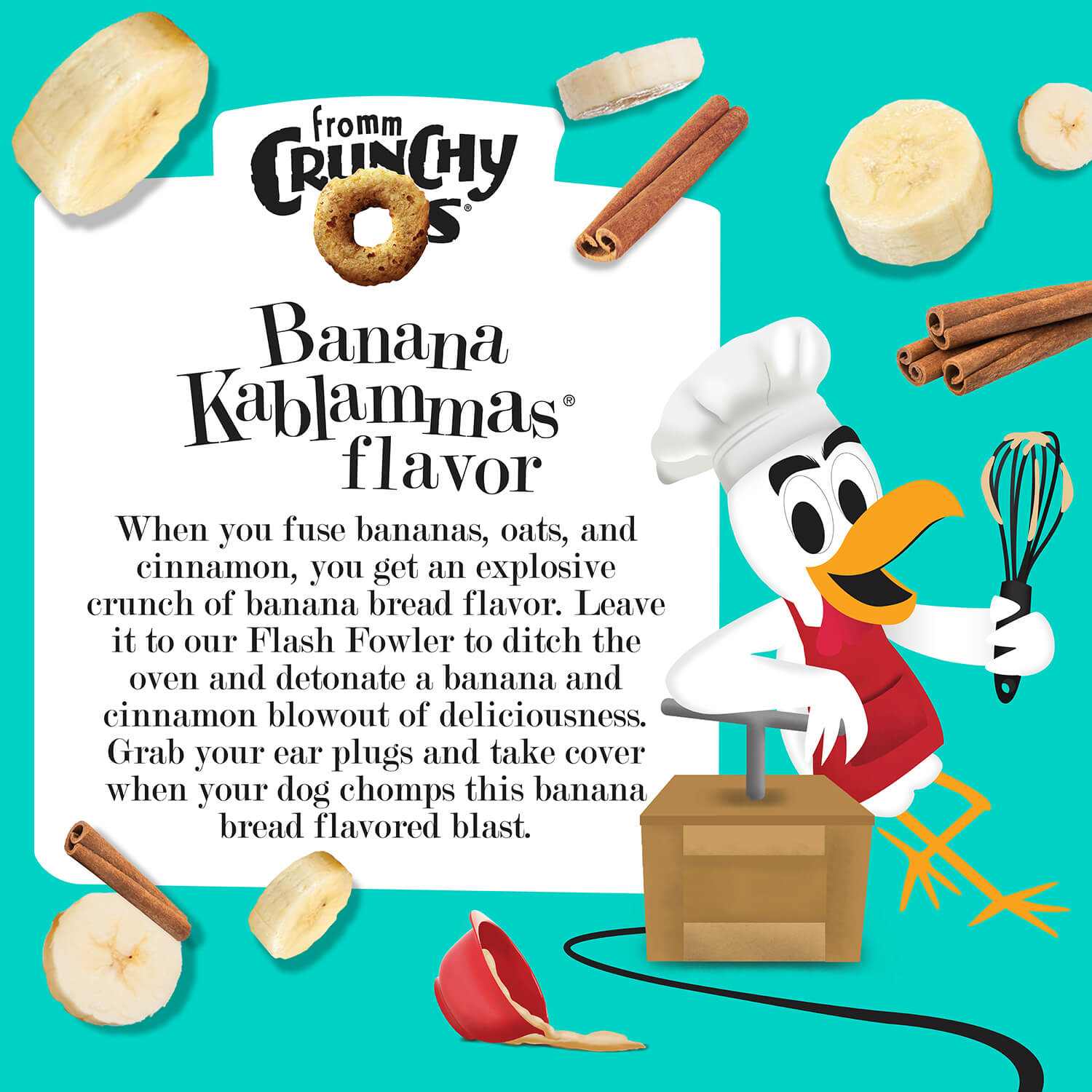 CRUNCH O's Banana Kablammas dog treats with banana, oats, and cinnamon.