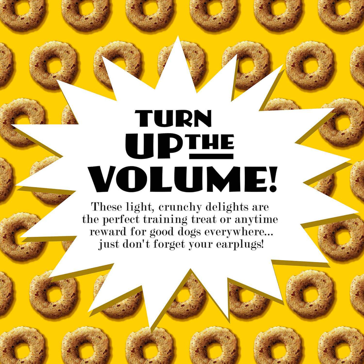 Crunch O's Blueberry Blasts dog treats with bold text, surrounded by crunchy rings on a vibrant yellow background.