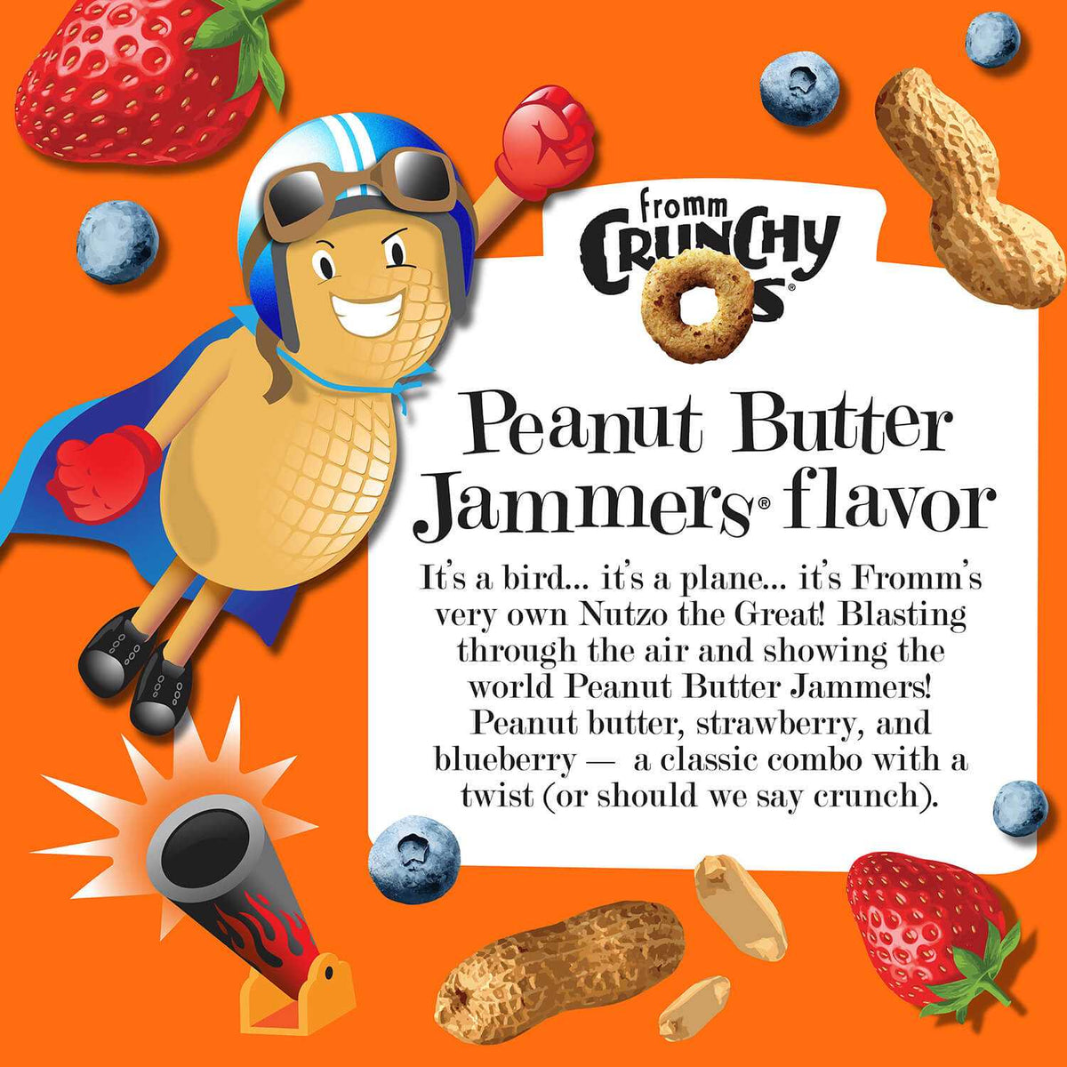 "CRUNCH O's Peanut Butter Jammers packaging with cartoon superhero and peanut butter, strawberry, blueberry elements."
