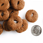 Crunchy dog treats, Pot Roast Punchers, next to a coin for size comparison.