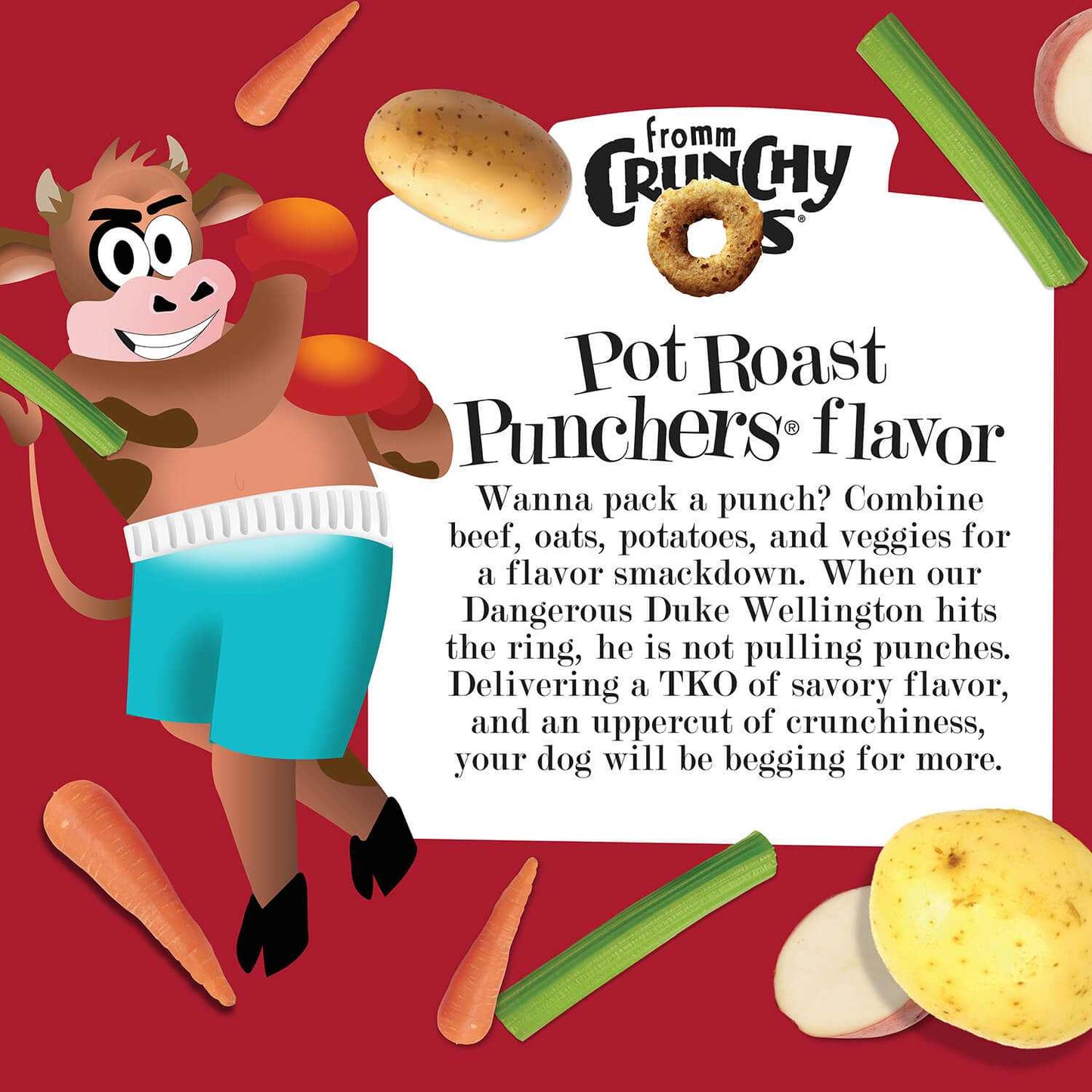 CRUNCH O's Pot Roast Punchers dog treats packaging with cartoon bull and ingredient illustrations.