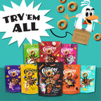 "CRUNCH O's Pot Roast Punchers dog treats variety packs with fun colorful packaging."