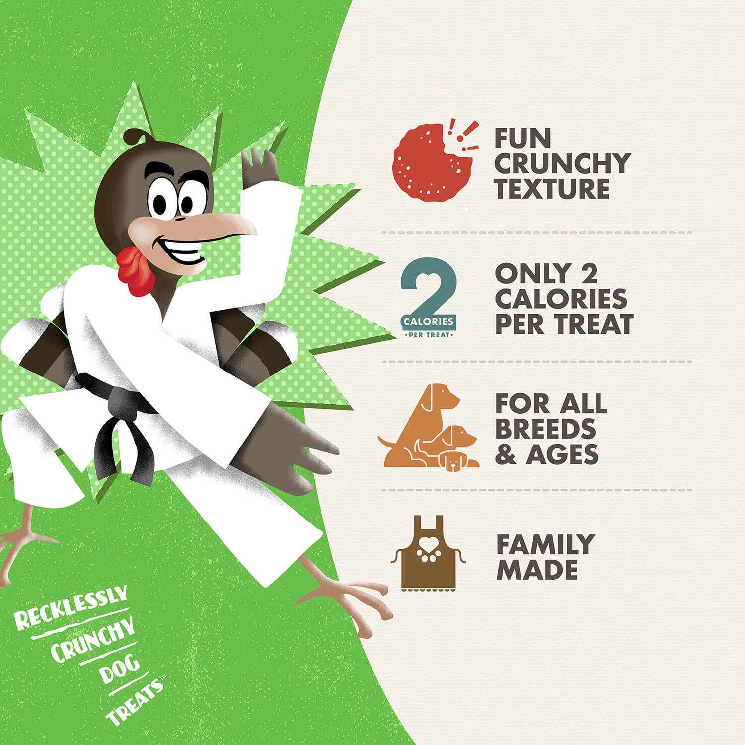 Crunchy O's Pumpkin Kran Pow dog treats packaging featuring fun, crunchy texture, only 2 calories per treat, suitable for all breeds and ages, family made.