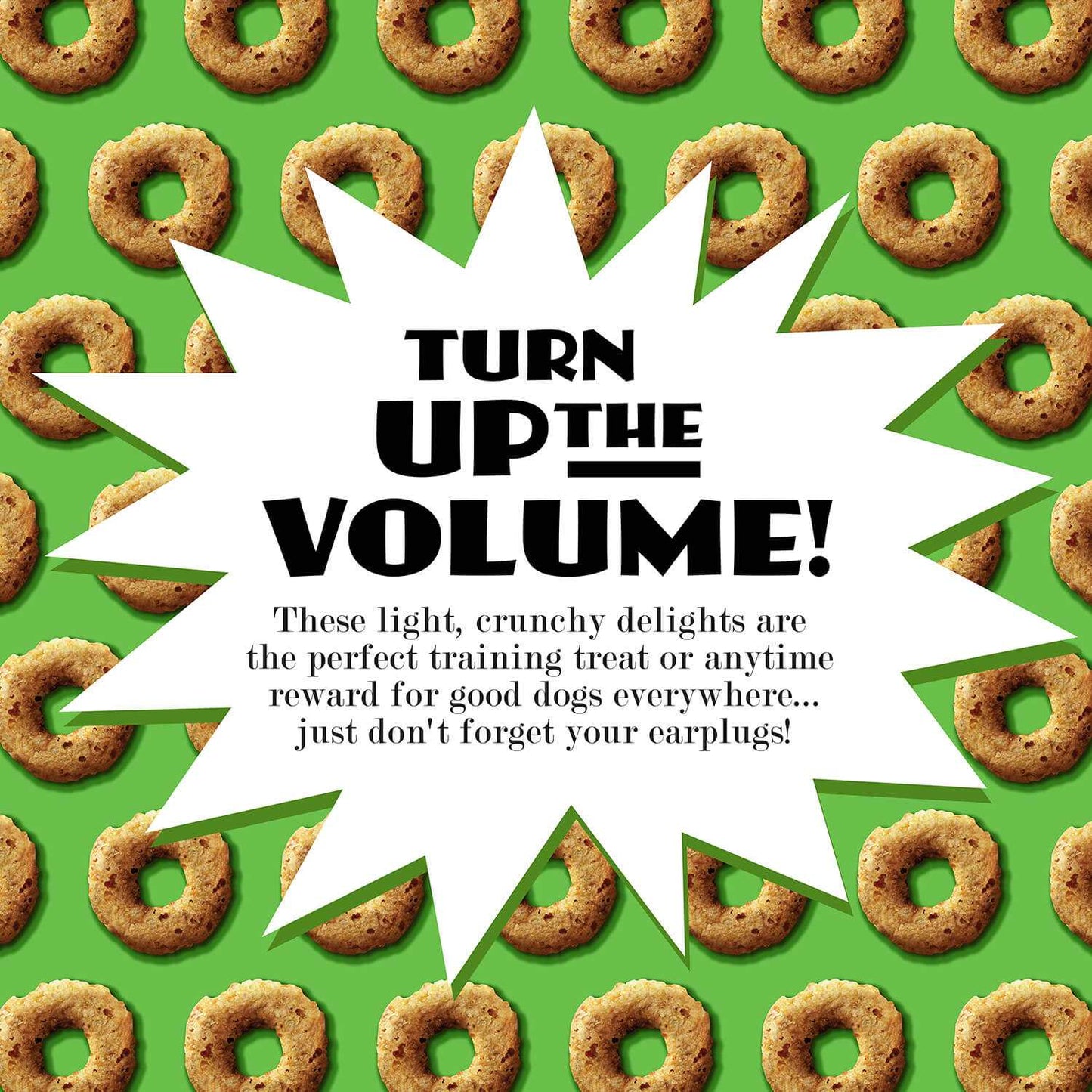 CRUNCH O's Pumpkin Kran Pow dog treats with crunchy texture and pumpkin flavor on a green background.