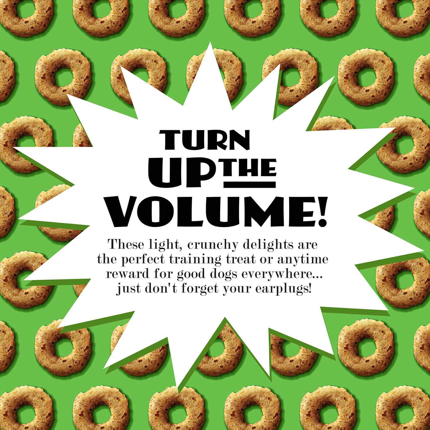 CRUNCH O's Pumpkin Kran Pow dog treats with crunchy texture and pumpkin flavor on a green background.