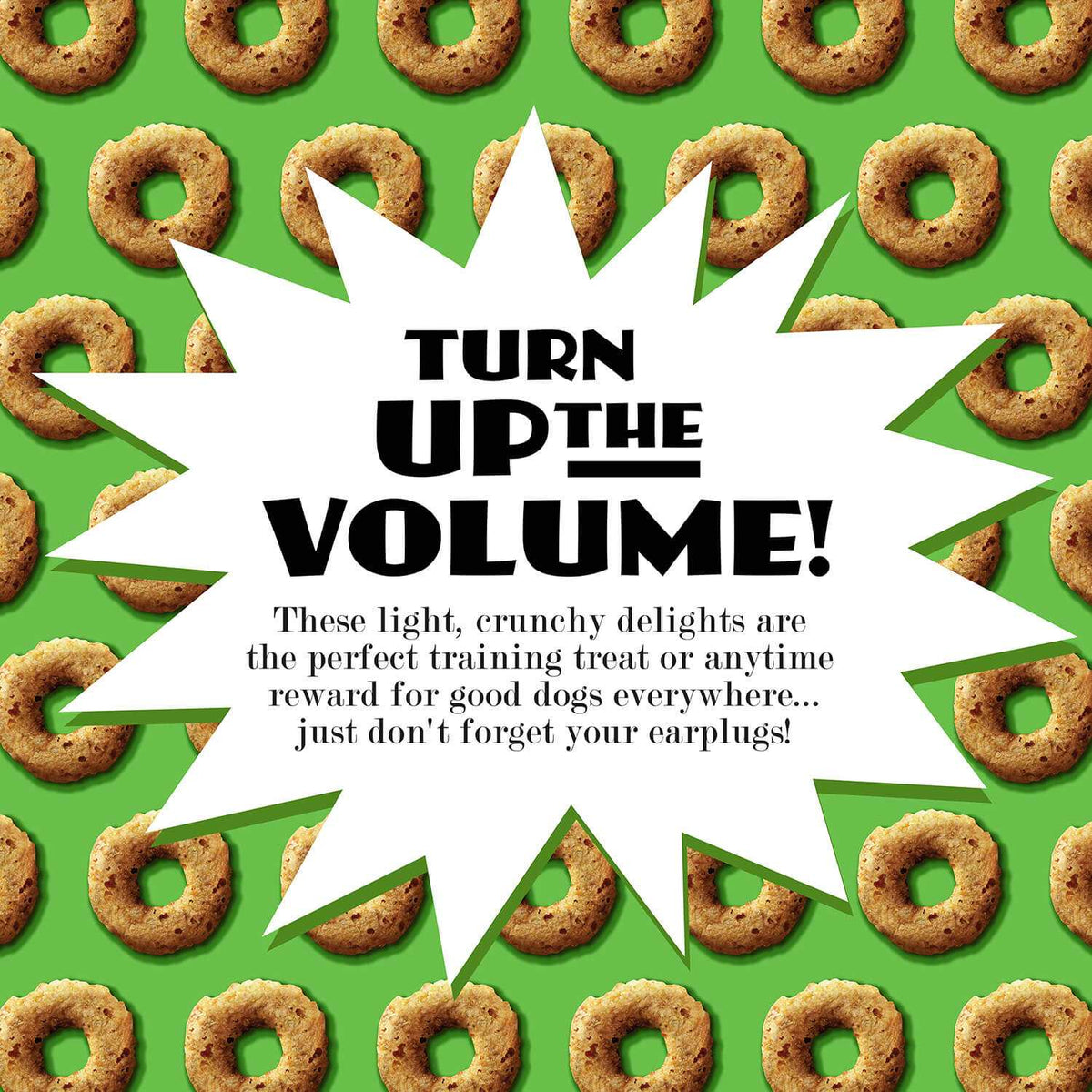 CRUNCH O's Pumpkin Kran Pow dog treats with crunchy texture and pumpkin flavor on a green background.
