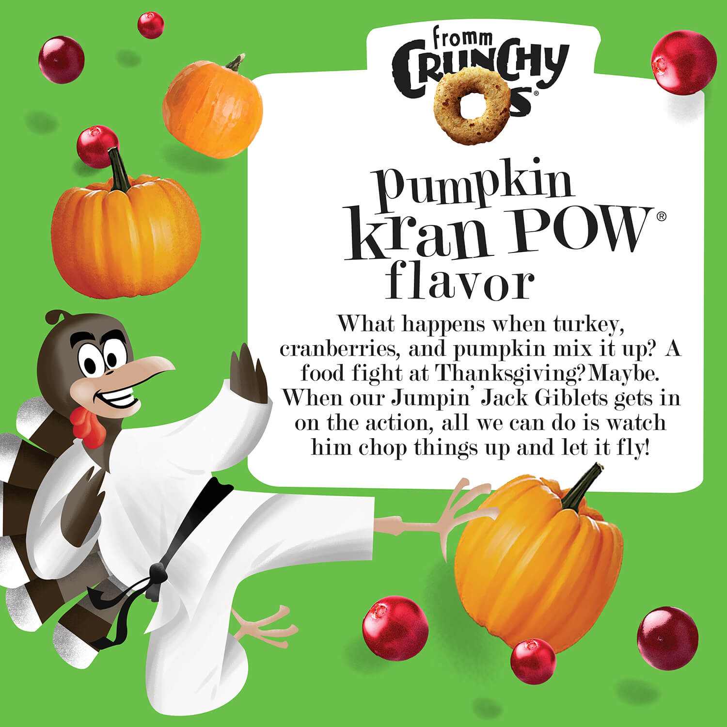 Cartoon turkey character with pumpkins and cranberries for Crunchy O's Pumpkin Kran Pow dog treats.