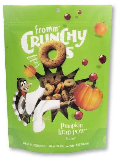 Pumpkin Kran Pow dog treats packaging, featuring crunchy rings with pumpkin and cranberry flavor.