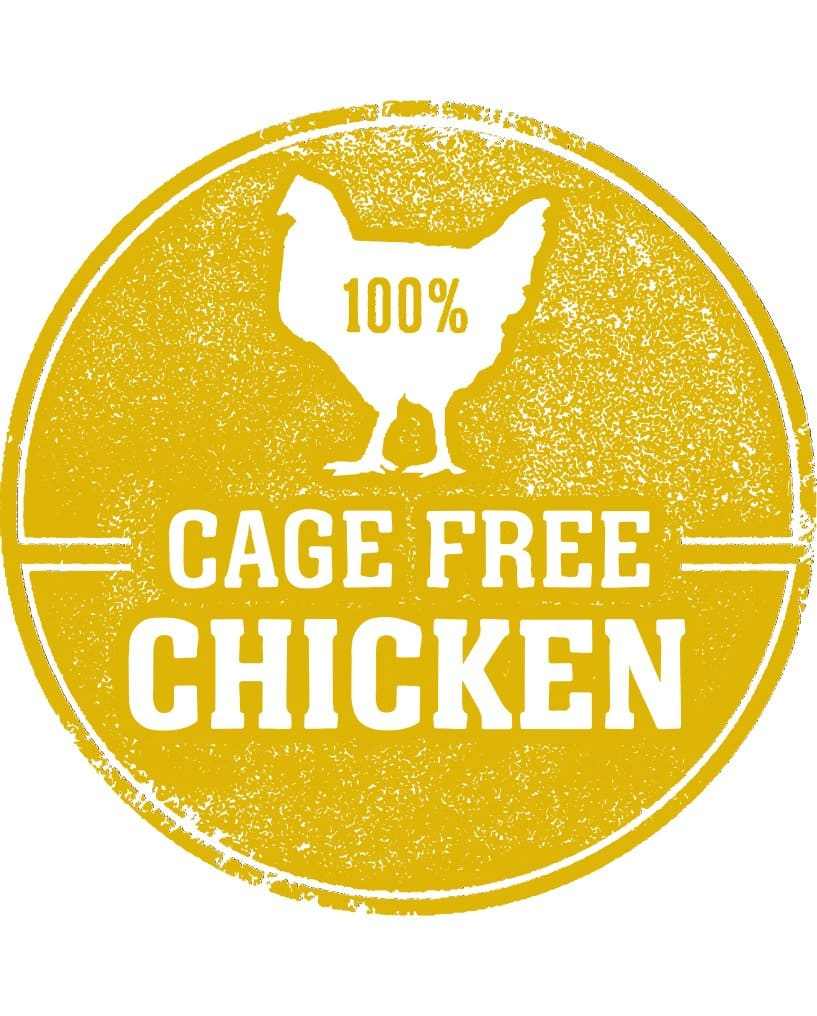 Cage-free chicken label for freeze dried chicken dog food.