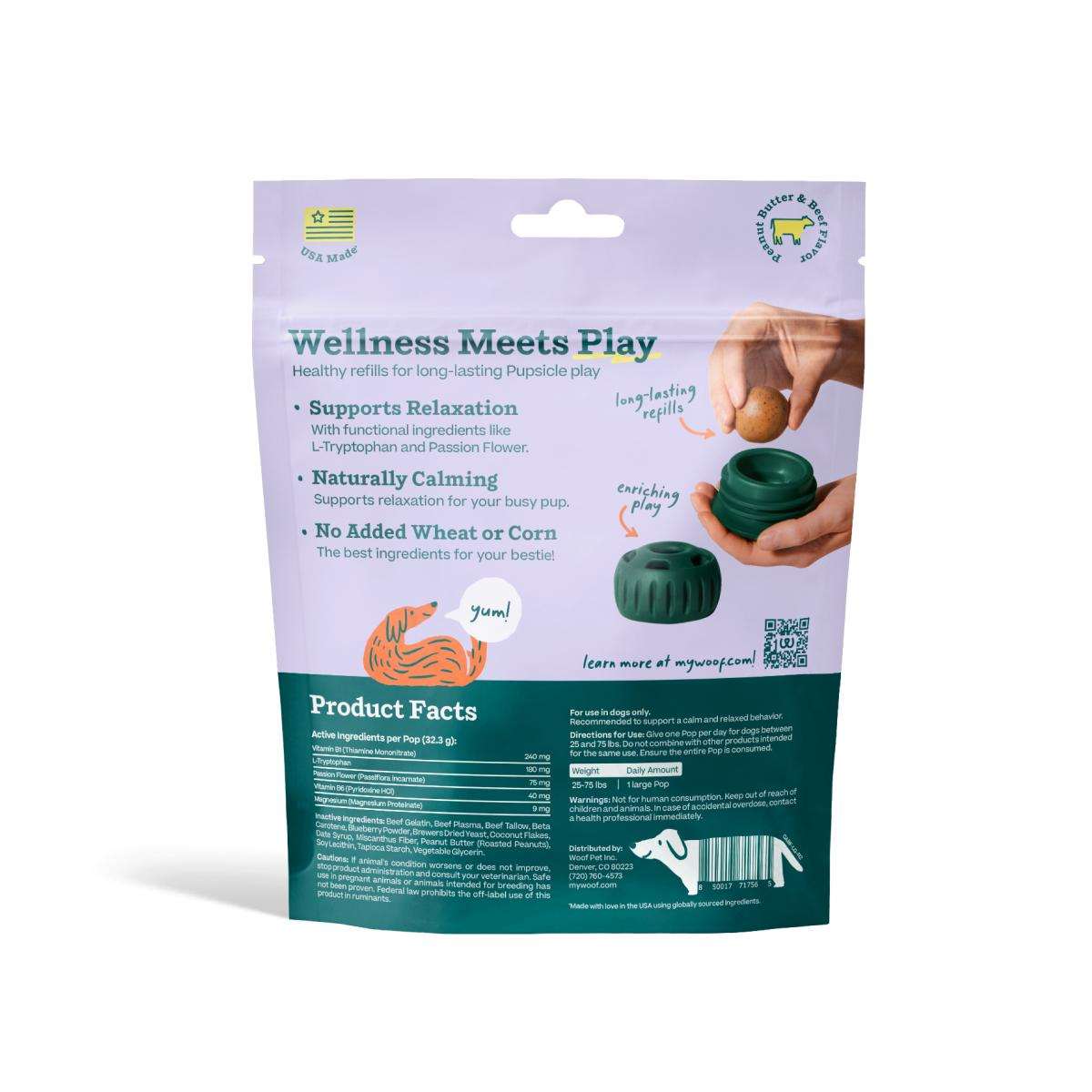Calming Vitamin Pops in a lavender and teal resealable pouch with wellness claims and product facts printed on the front.