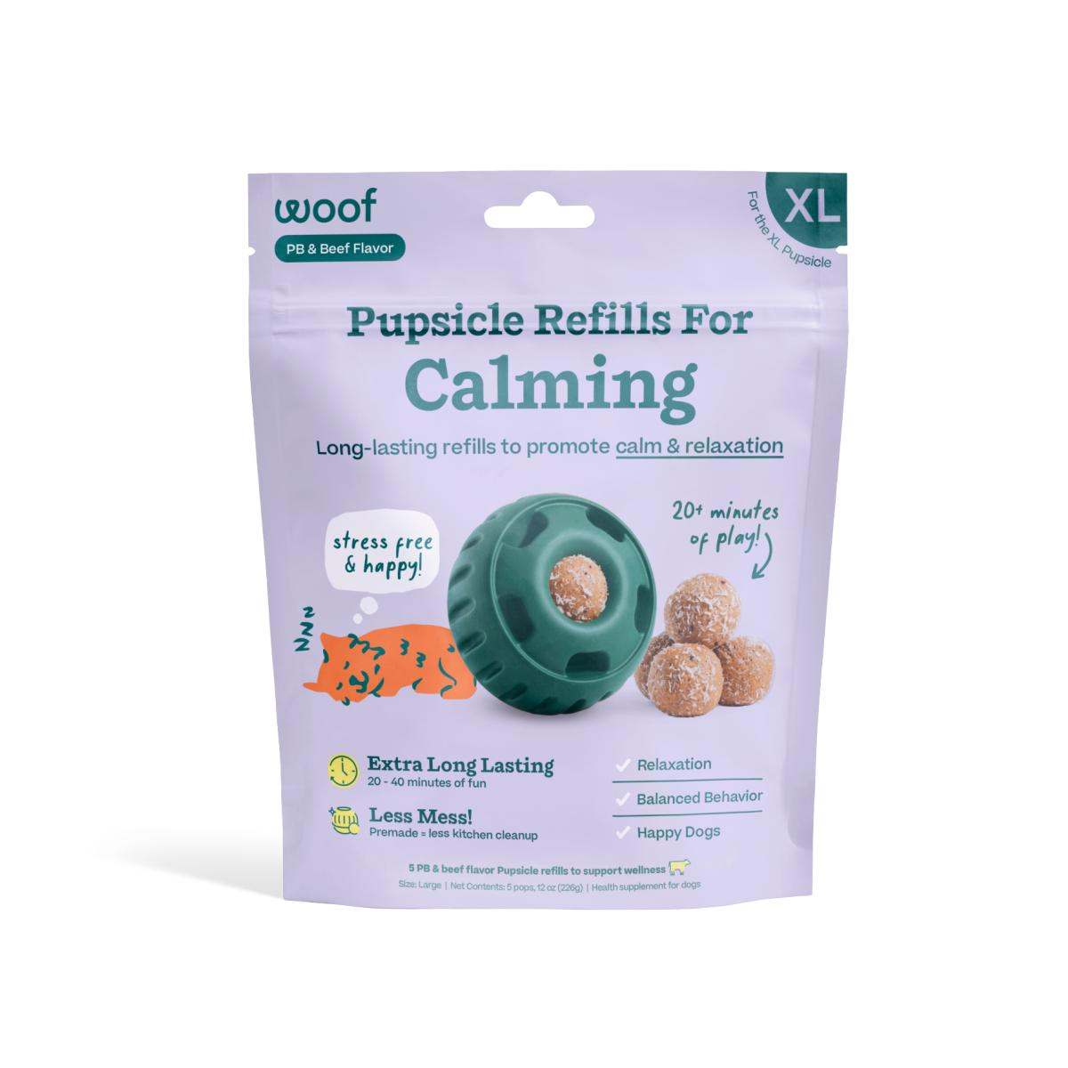 Calming Vitamin Pops appear as lavender refill packaging with teal text, a teal toy and tan round treats pictured.
