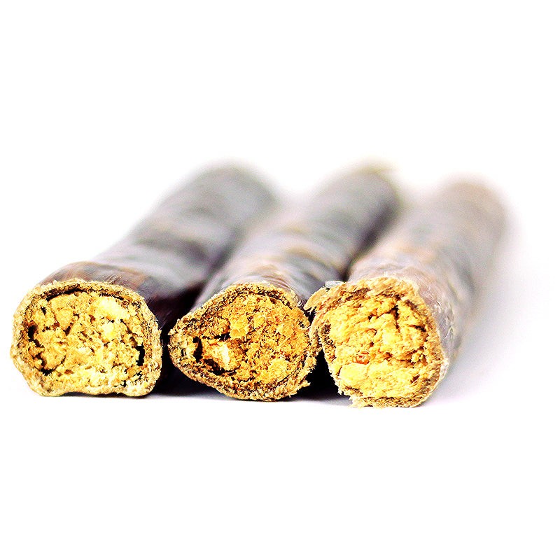Close-up of Chewy Bulls dog treats made from beef gullet stuffed with ground beef blend