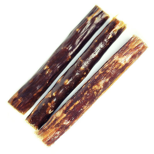 Chewy Bulls beef esophagus dog treats three sticks close-up