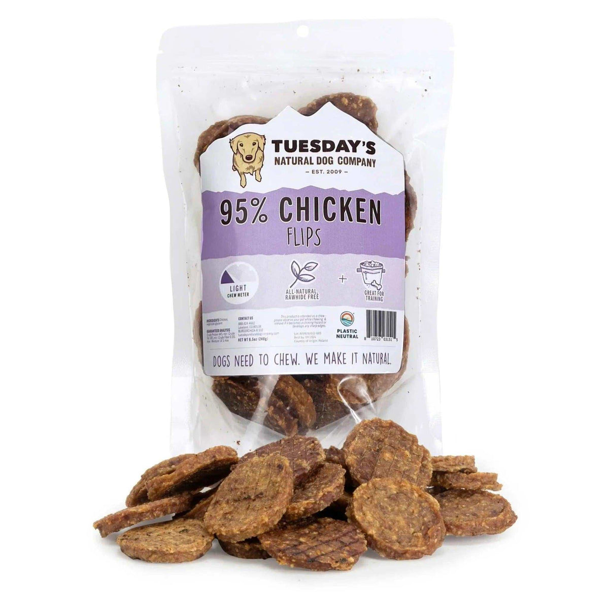 Chicken Flips dog treats in a clear pouch, featuring brown, round textured pieces and a purple label with 95% chicken text.
