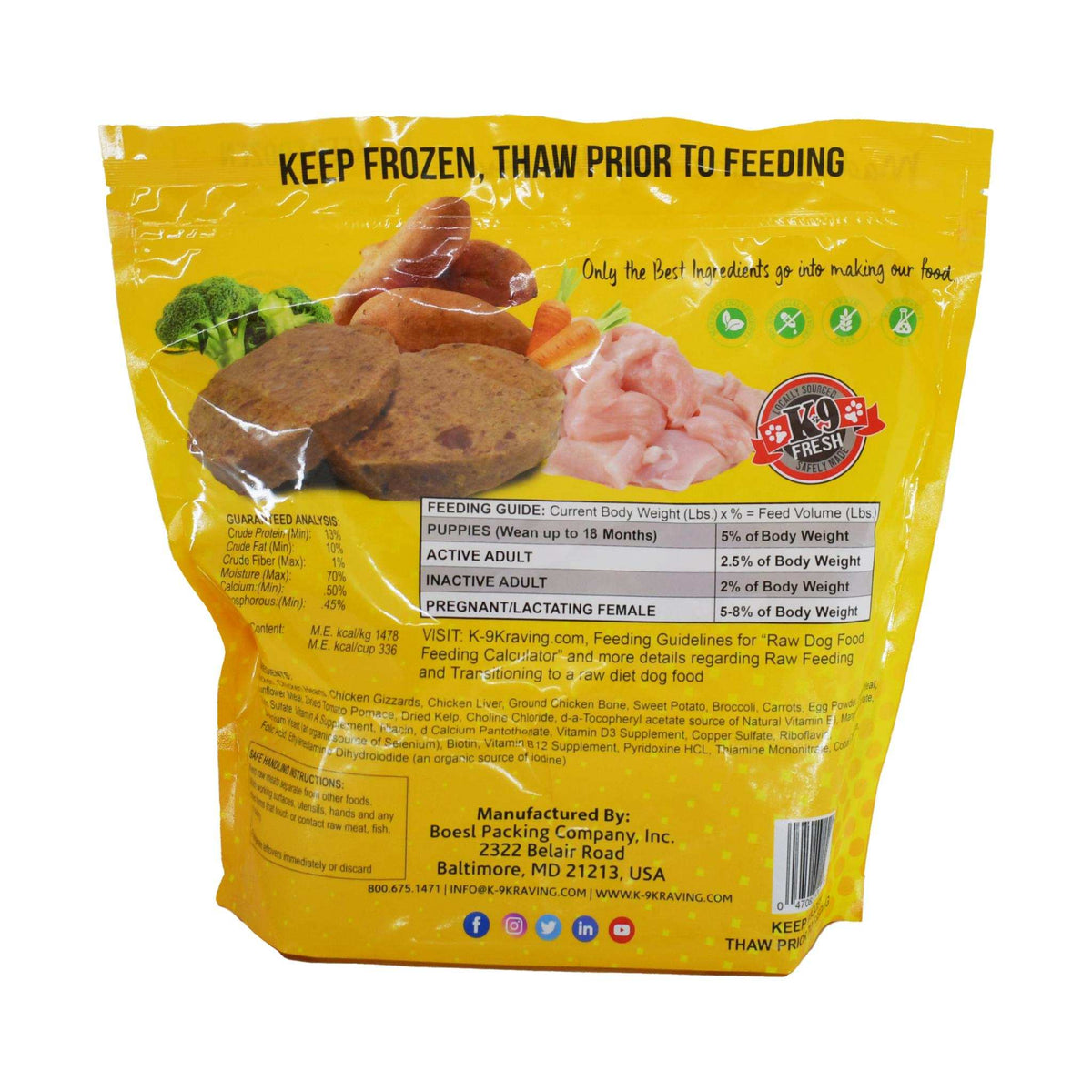 Chicken dog food in a bright yellow frozen pouch, showing ground patties and chunks of chicken with vegetables.
