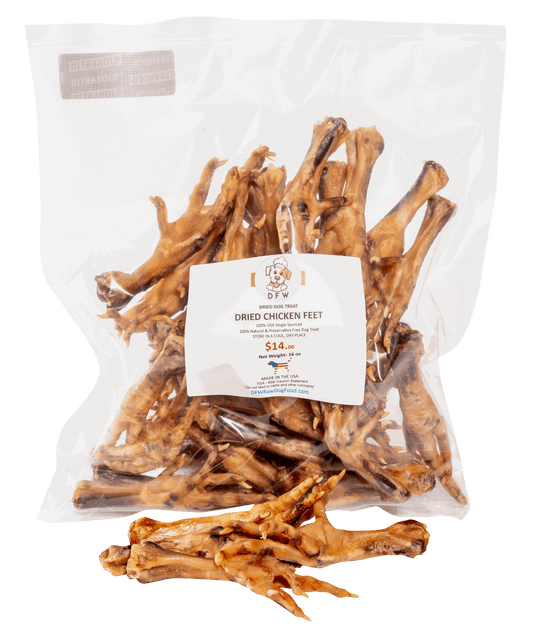 Dried chicken feet in a clear plastic package, offering healthy joints and dental support for dogs.