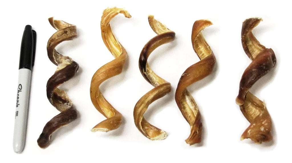 5" Curly Bully Sticks made from 100% grassfed beef pizzle, spiral shaped for small to medium-sized dogs.