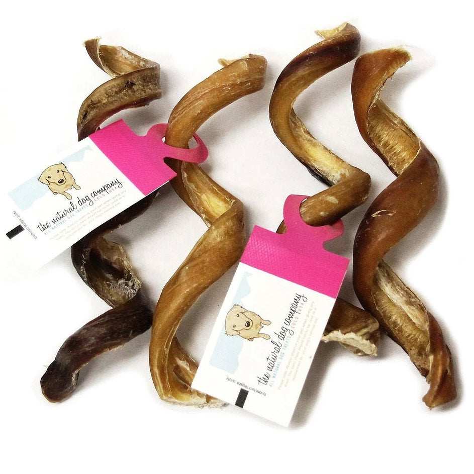5" Curly Bully Sticks natural brown grass-fed beef pizzle chews with spiral shape and pink tags attached