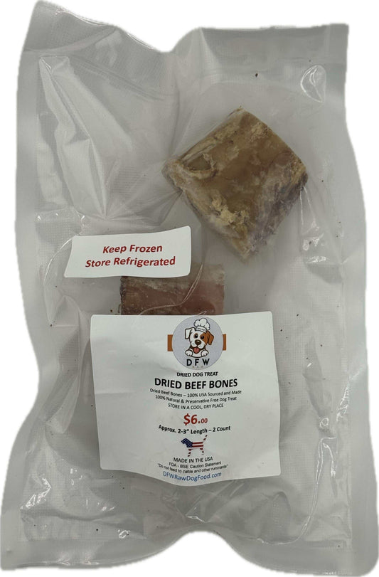 Dried Beef Bone - 2-3 inch, all-natural USA sourced dog treat in packaging.