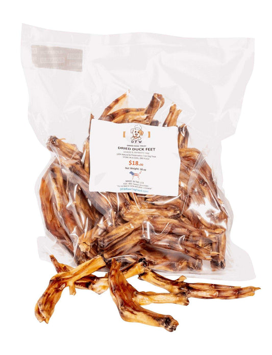 Natural dried duck feet in a clear packaging bag.