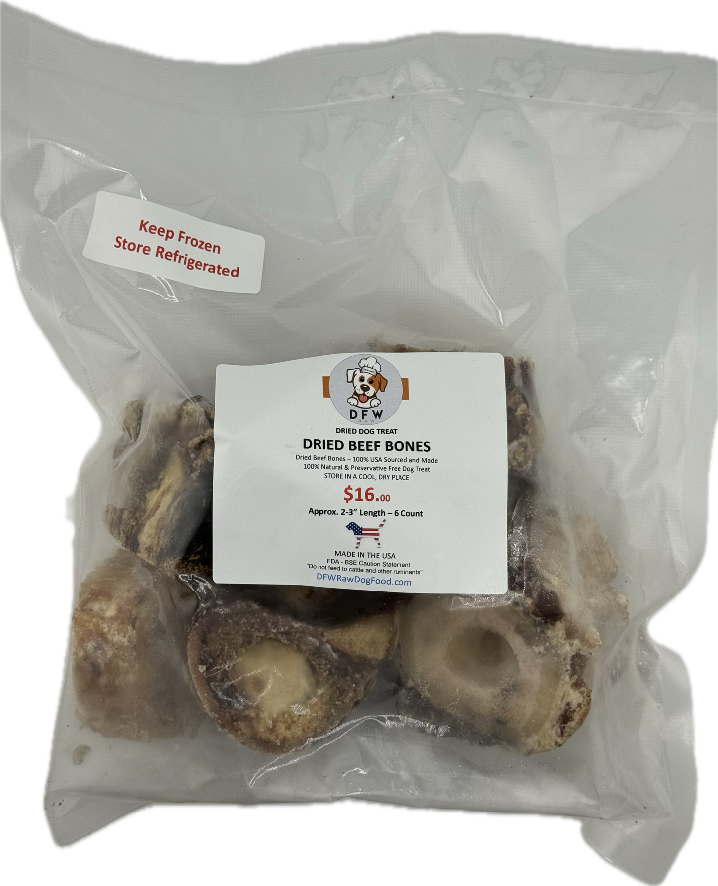 Dried Beef Bone 2-3 inch, USA sourced, natural flavor, dog chew.