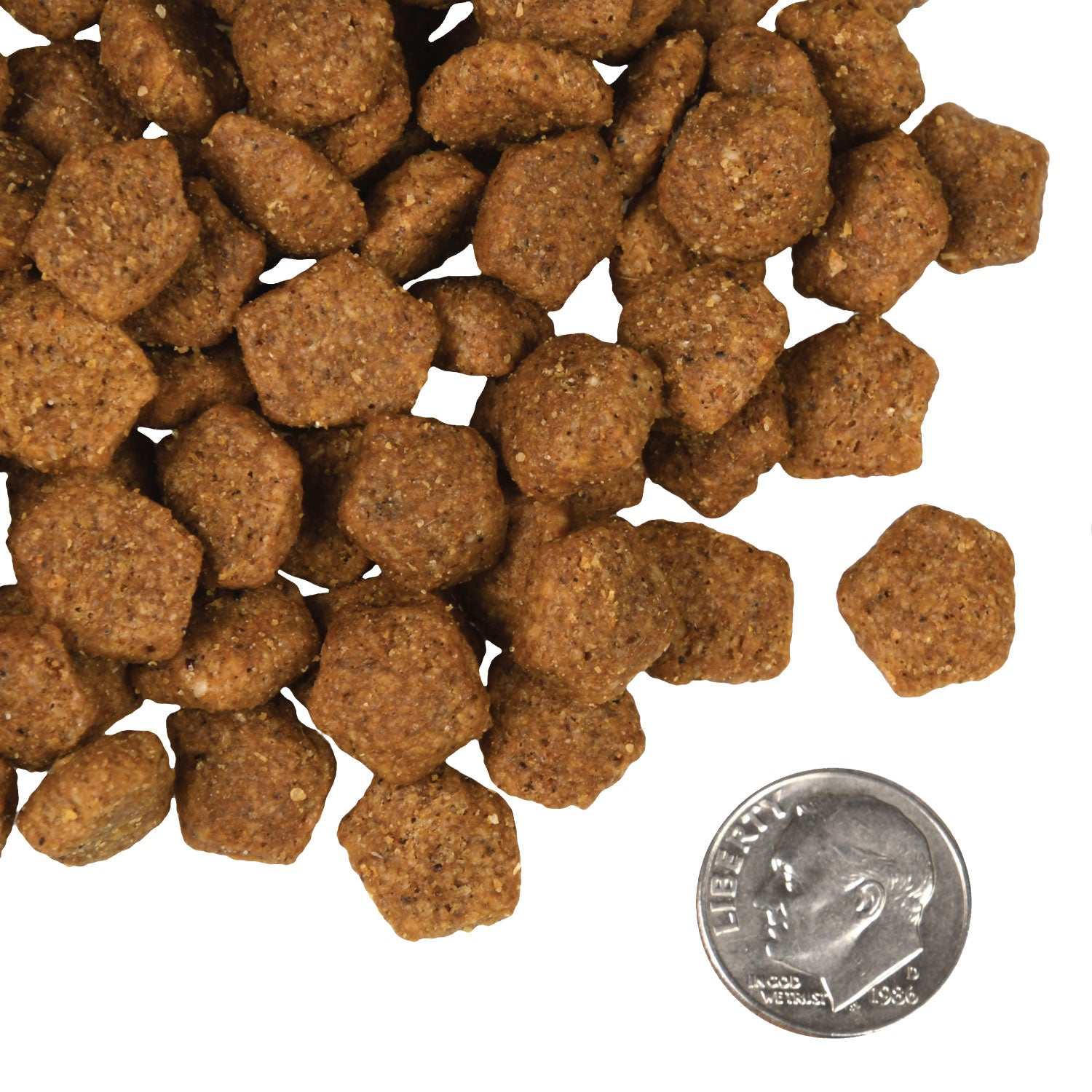 Close-up of Four-Star Duck A La Veg dry dog food pieces next to a dime for size comparison