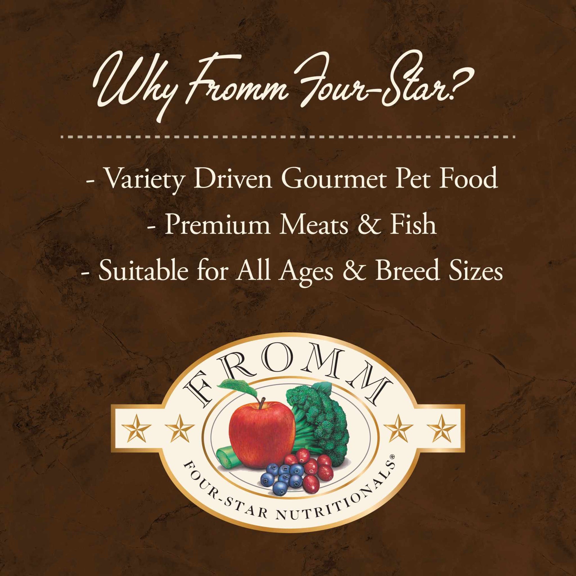 Fromm Four-Star pet food label highlighting gourmet duck a la veg recipe with premium meats, fruits, and vegetables