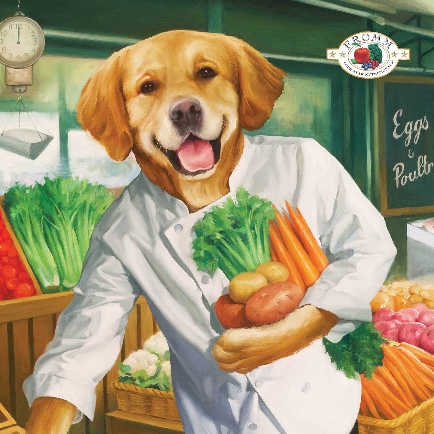 Illustration of a dog chef holding fresh vegetables in a market, promoting Four-Star Duck A La Veg entrée with duck and vegetables.