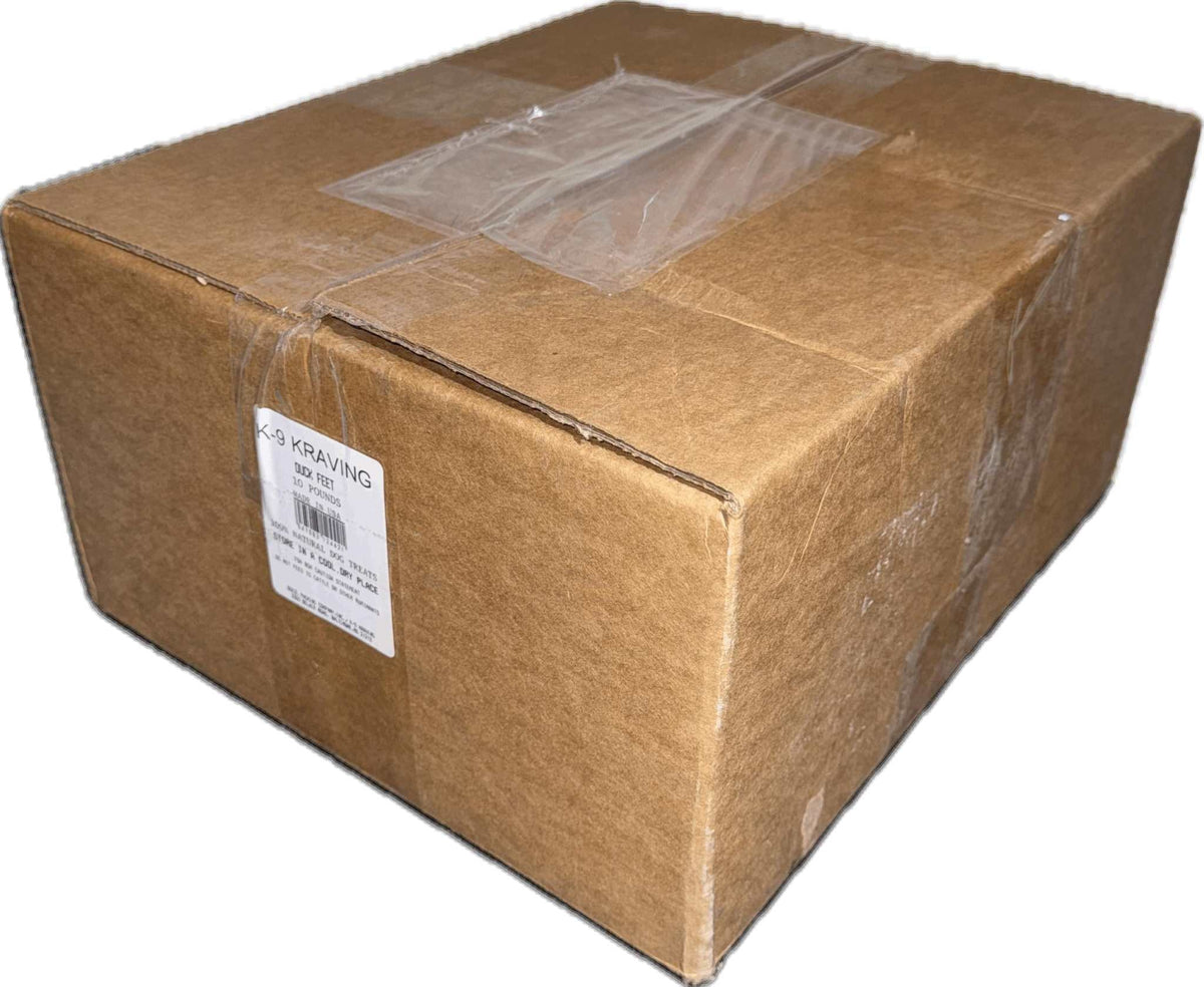 Duck Feet 10 lb case in a plain brown corrugated cardboard box, sealed with clear packing tape and shipping label.