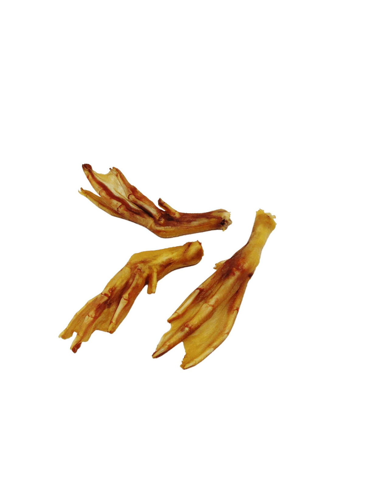 Duck Feet are golden-brown dried chews with a wrinkled, leathery texture and visible toes and claws.