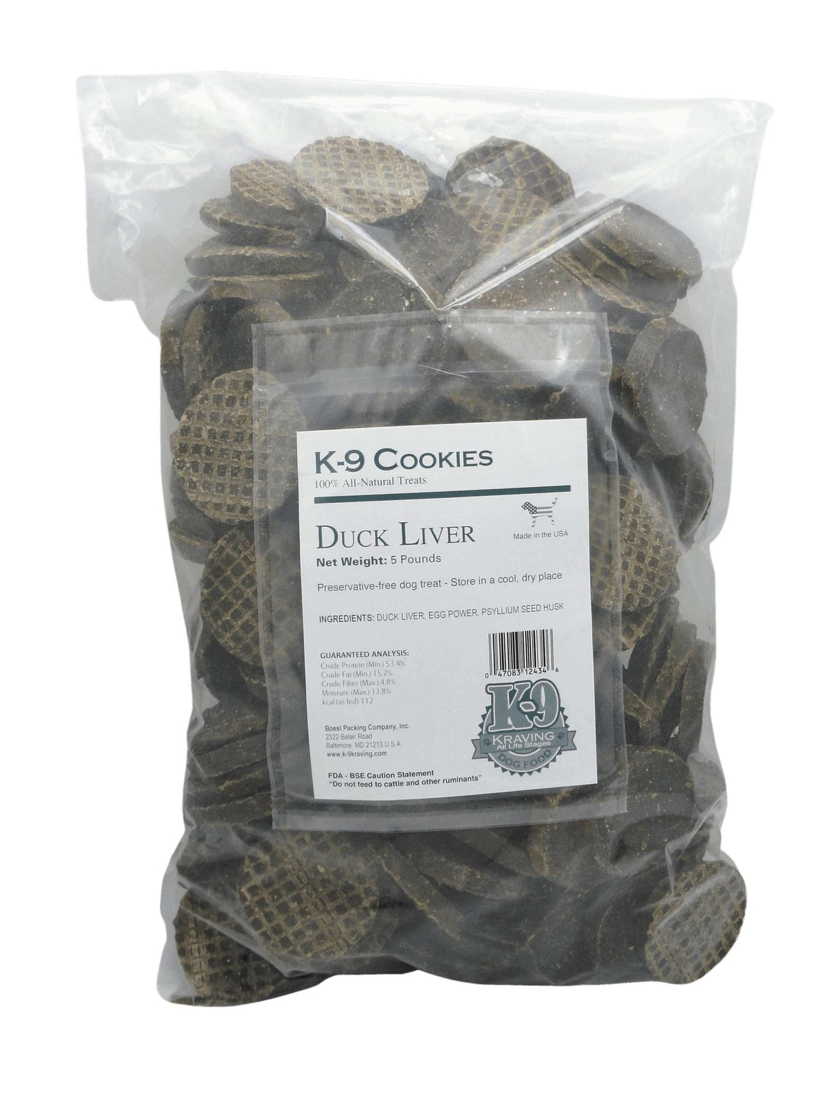 Duck Liver K-9 Cookies in a clear 5-pound bag, with dark brown round treats and a printed label.