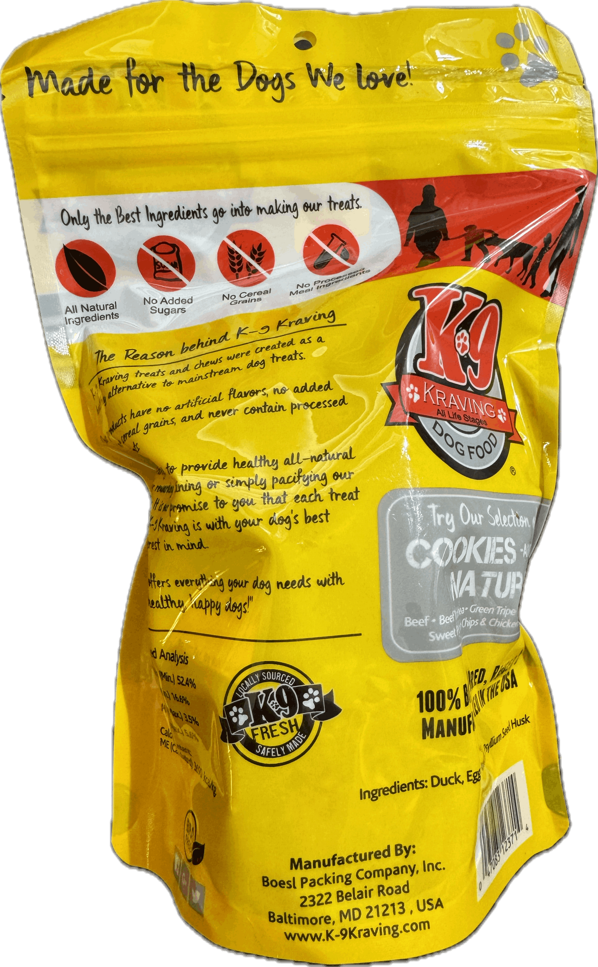 Duck K-9 Cookies packaging with natural ingredients label and yellow design.