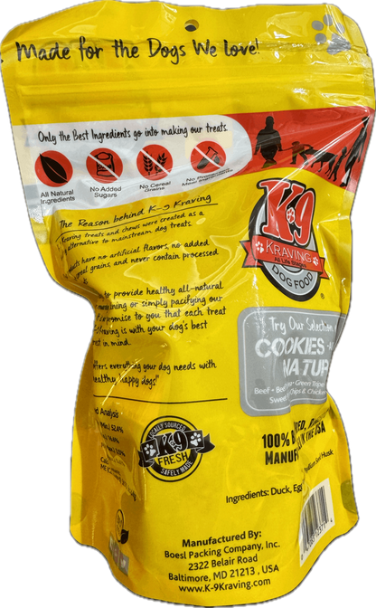 Duck K-9 Cookies packaging with natural ingredients label and yellow design.