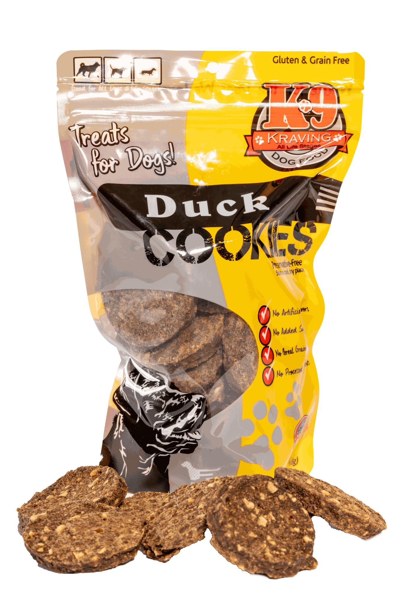 Duck K-9 Cookies dog treat bag with individual cookies in front, gluten and grain-free.